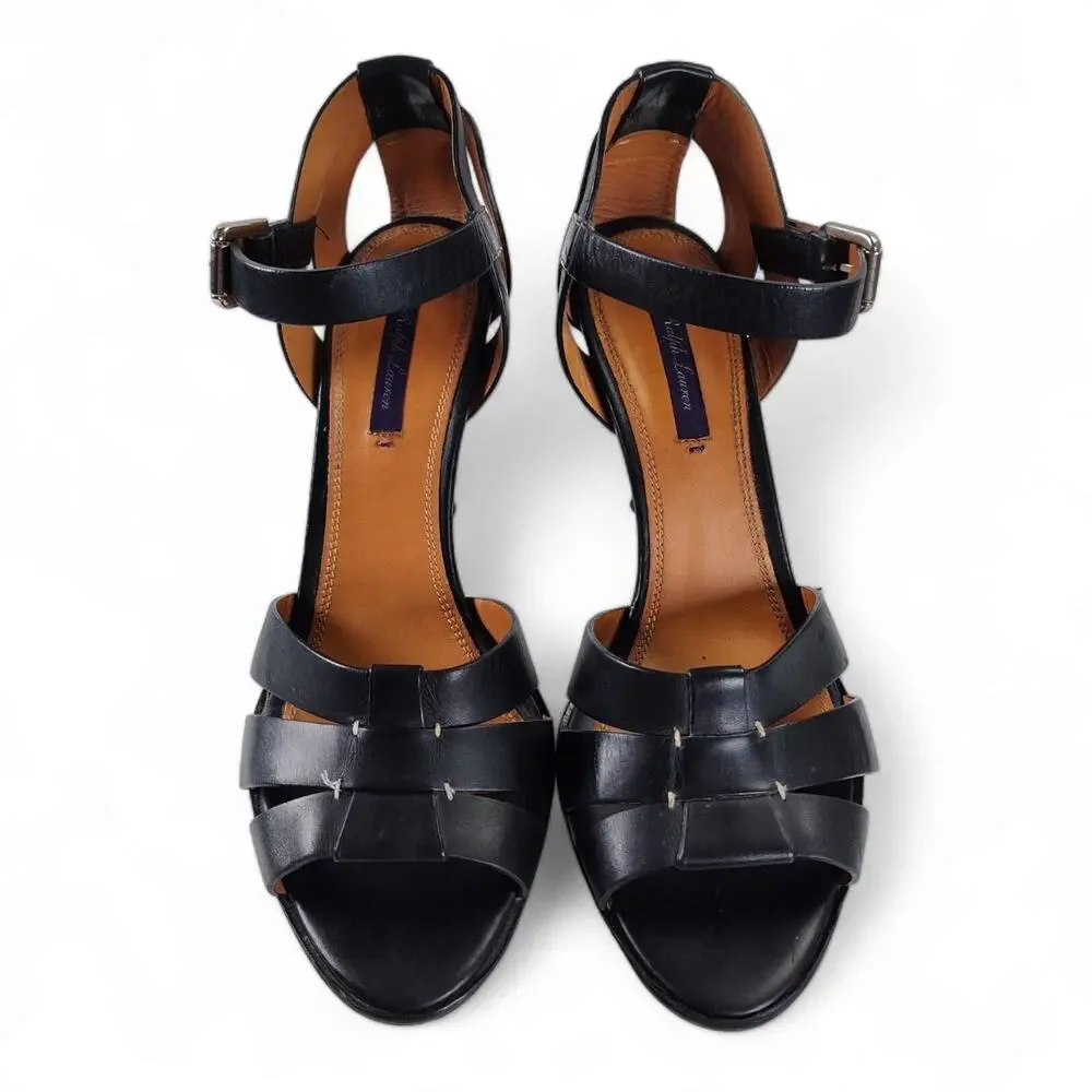 Ralph Lauren Collection Black Leather Platform Heels Ankle Strap Italy EU40